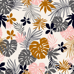 Hand drawn tropical summer background: palm, monstera leaves in silhouette, line art styles. © Tanya Syrytsyna