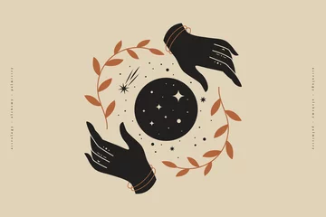  Vrouwelijke handen houden takken rond de glinsterende maan. Magische vectorillustratie in trendy minimalistische stijl. Mystieke symbolen voor spirituele praktijken, etnische magie en astrologische riten. © KOSIM