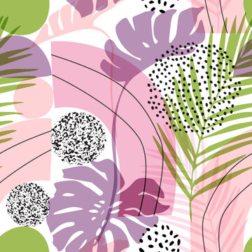 Fototapeta Modern geo layout: geometric natural rounded shapes, tropical leaves silhouettes, grain texture in 80s, 90s minimal flat style