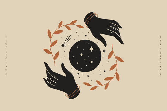 Female hands hold branches around the shimmering moon. Magic vector illustration in trendy minimal style. Mystical symbols for spiritual practices, ethnic magic, and astrological rites.