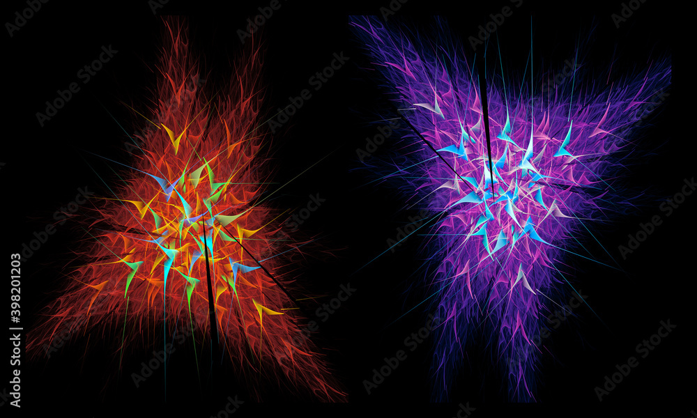 Poster set of abstract fractal fluffy shapes on a black background. colorful triangular patches peek out of