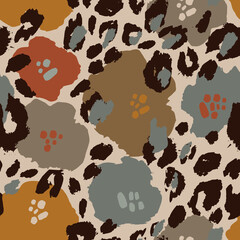 Abstract floral seamless pattern with flowers, animal skin print. Creative artistic background. Digital vector art for surface design, fabric, gift wrapping, wallpaper