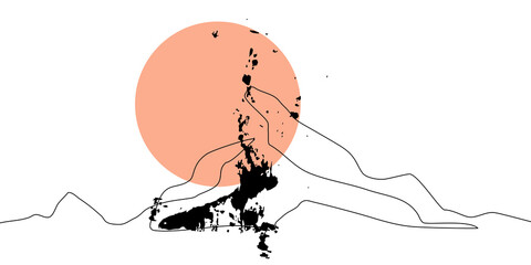 Mountains contour drawing, panoramic view. Simple one line nature illustration.