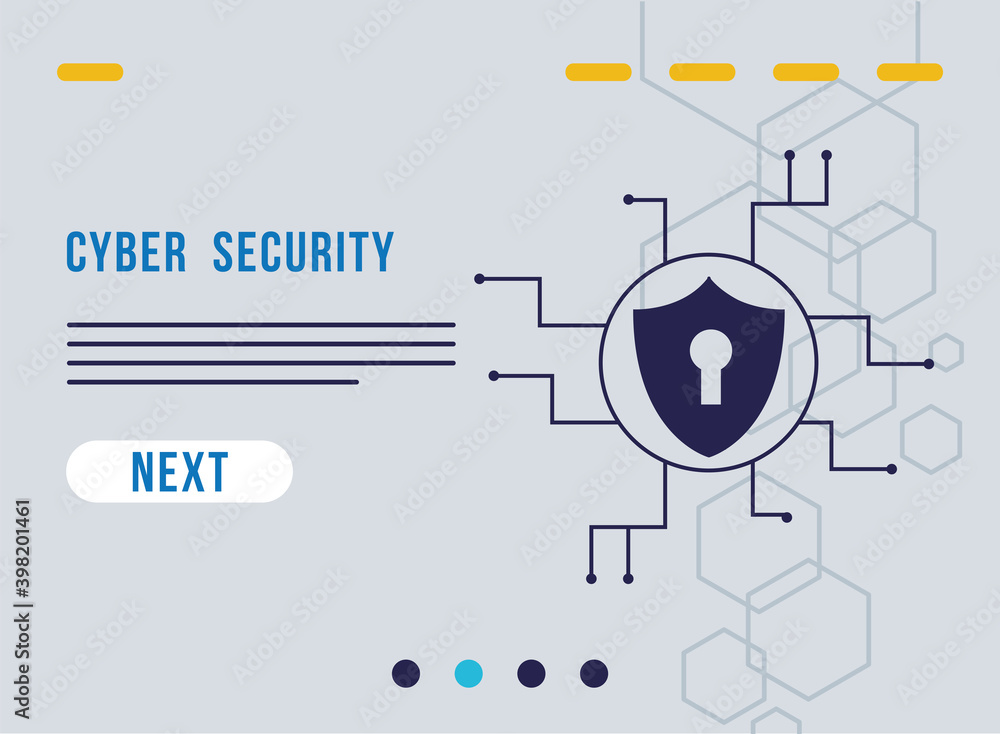 Poster cyber security infographic with key hole in shield and circuit
