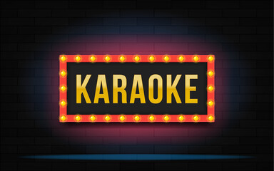Obraz premium Glowing frame with lettering karaoke. Modern illustration. Frame with neon lights on brick wall.