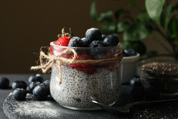 Concept of breakfast with delicious chia pudding