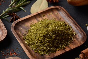 Za'atar a spice mixture that includes the herb along with toasted sesame seeds, dried sumac on...