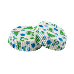 Flat white paper baking forms for muffins and cupcakes with New Year holiday pattern