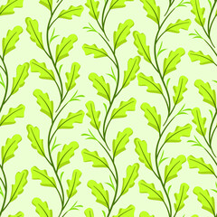 Vector seamless pattern with vertical oak twigs; for greeting cards, wrapping paper, packaging, posters, banners.