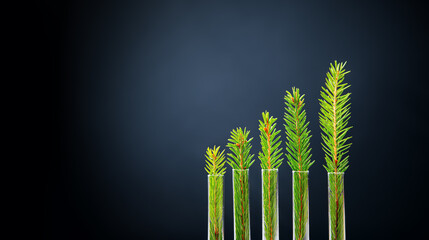 Economic graph. The trend is up. Ecology and reforestation concept, small trees in test tubes.