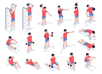 Fototapeta na wymiar Workout exercise set for men - vector isometric illustration. Fitness home exercise. 3d outline style.
