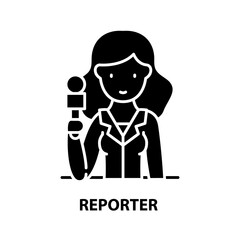 reporter icon, black vector sign with editable strokes, concept illustration