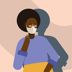 afro woman wearing medical mask protection in beige background