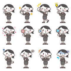 スーツの女性の表情セット(全身)-Facial expression icon of a woman in a suit	