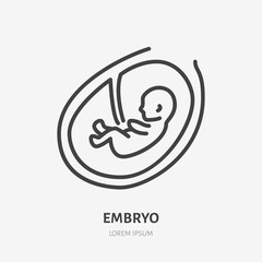 Embryo in womb flat line icon. Vector outline illustration of baby ultrasound. Black color thin linear sign for fetus health