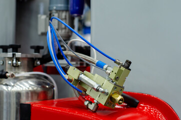 Close-up of polyurethane foam injection machine. - obrazy, fototapety, plakaty