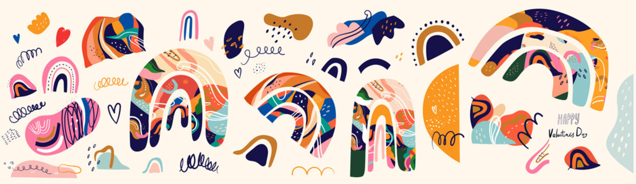 Spring colorful set of abstract doodles, rainbows and shapes