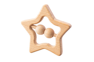 Cute wooden baby toys on white background. Stars, planet toy. Eco accessories, beanbag and teethers...