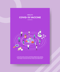 health covid 19 vaccine people doctor scientist standing around drug microscope bottle syringe for template flyer and print banner cover isometric 3d flat style