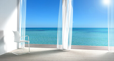 Fototapeta na wymiar Urlaub am Meer - Interior Wohnzimmer mit Stuhl und Blick durch die weißen Vorhänge auf das klare Meer