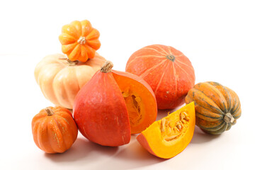assorted of raw pumpkin on white background