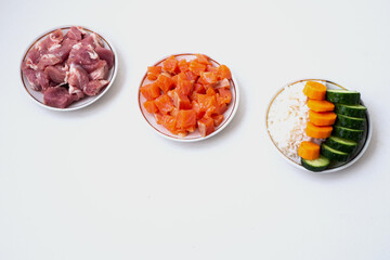 Pet dog food from natural ingredients. Raw meat, fish, vegetables. concept of a correct balanced and healthy nutrition for pet, flatly