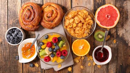 healthy breakfast- fruit salad, cereal and fruits
