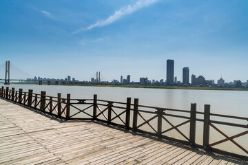 city skyline of business district downtown in daytime