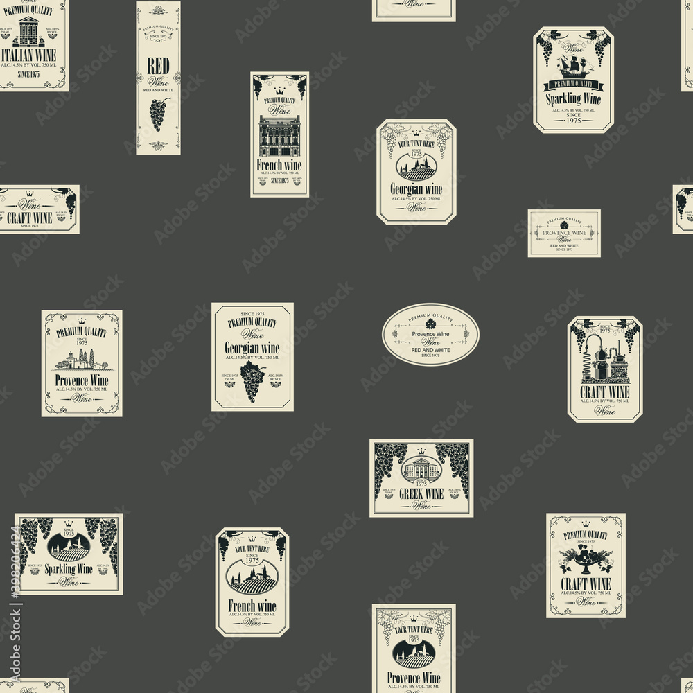 Poster seamless pattern with various wine labels on a gray background in retro style. repeating vector back