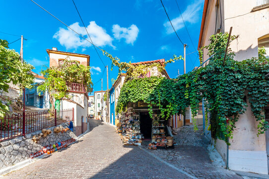 Fototapeta Agiasos Village streets view in Lesvos Island. Lesvos Island is populer tourist destination in Greece. 