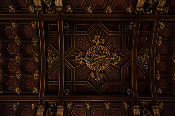 The ornate dark ceiling in Armenian Cathedral of the Assumption of Mary in Lviv, Ukraine