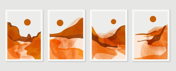 Fototapeta premium Mountain and landscape wall arts collection. Abstract art with land, desert, home, way, sun, sky. Design for wall art home decoration, prints, digital and smart phone wallpaper, fabric and background