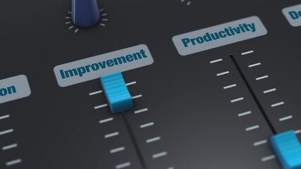 audio mixer with sliders moving to the maximun value, every slider has a label with business concepts (3d render)