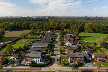 Dead-end street (cul de sac) next to a forest, in a residential area in the Flemish town of...