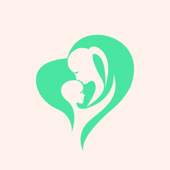 Mother and Child vector art logo.Heart shape icon.Beautiful, tender mom and baby child holding.Motherhood illustration isolated on light background.Newborn embrace.