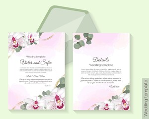 Floral template for wedding invitation. Pink royalty ohrchid, round golden figures, eucalyptus.