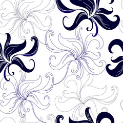 Seamless pattern with blue flowers on a white background. Hand drawn floral texture.