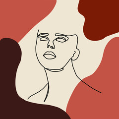 One line woman minimal fashion portrait. Minimal design, freehand composition, modern abstract style. Beauty fashion female portrait with lily flowers details. Trendy design for print, posters.