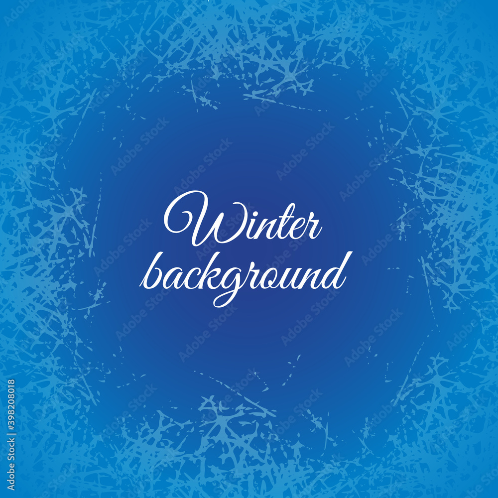 Poster ice crystals design texture on freeze window. vector frame with frosted patterns. blue winter holida