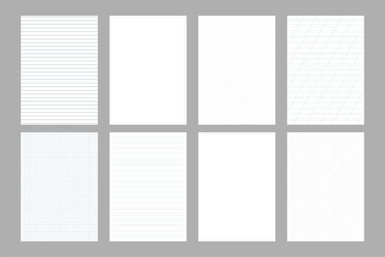 set of A4 sheets with a different pattern checkered, narrow and wide lines, dots, empty with a frame. the actual real size of the sheets is 210 x 297 mm