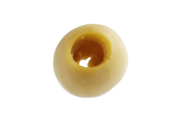 Pitted and marinated green olives isolated on white background.