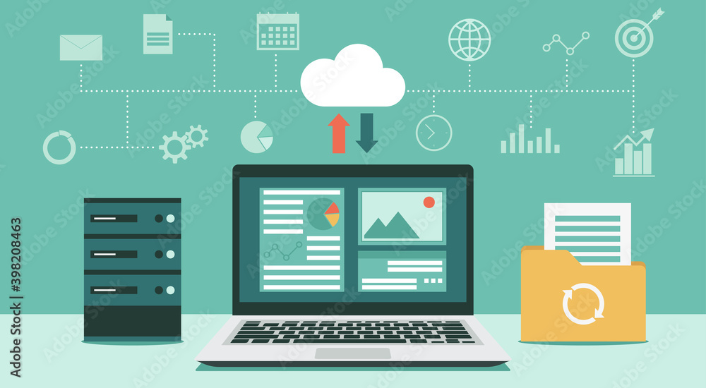 Poster cloud computing technology network with computer and storage room, online devices upload, download i