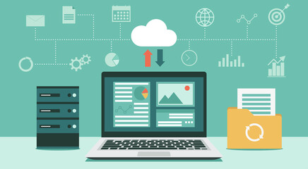Cloud computing technology network with computer and storage room, Online devices upload, download information and data in database with business icon, vector flat illustration