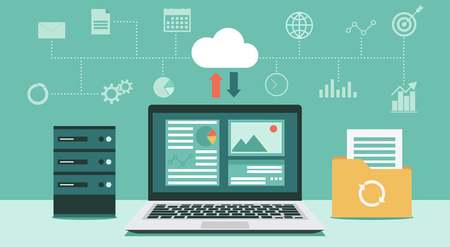 Cloud Computing Technology Network With Computer And Storage Room, Online Devices Upload, Download Information And Data In Database With Business Icon, Vector Flat Illustration