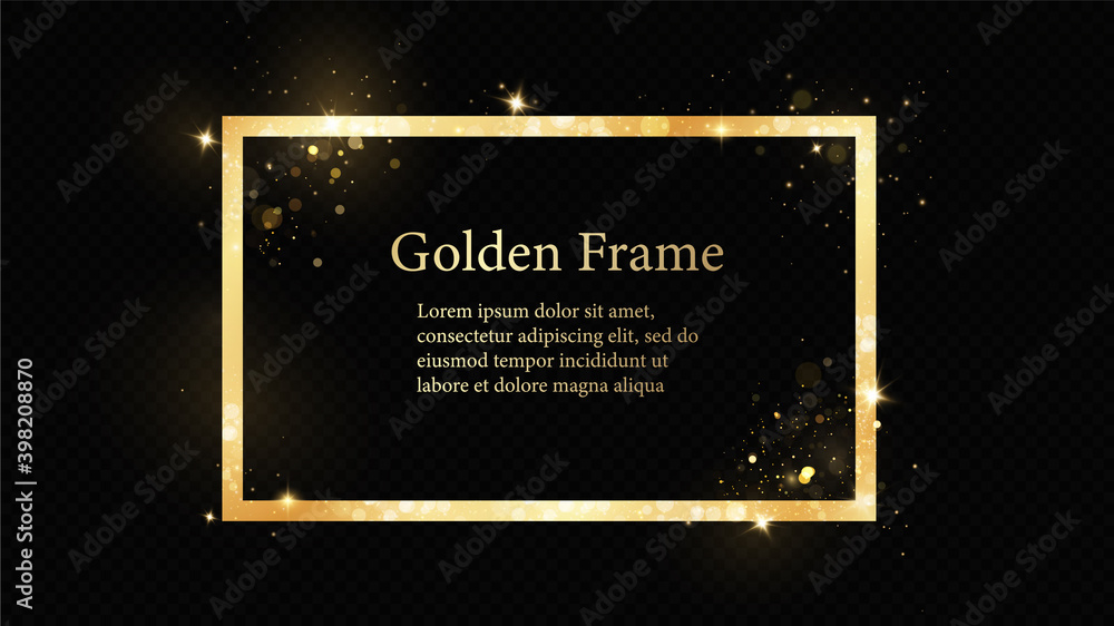 Poster Gold frames for text. Blank abstract banner layout.Background with gold sparkles and glitter effect.