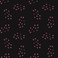 Fototapeta na wymiar Vector seamless pattern with an abstract pattern of pink spots and dots on a black background. Universal design for poster, greeting card, invitation, fabric, bedding, baby clothes