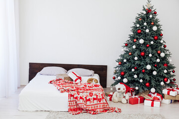 Bedroom bed new year holiday interior Christmas tree decor gifts