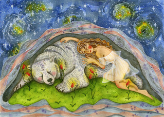 Obraz na płótnie Canvas A gentle girl in a transparent dress sleeps in a hole with a polar bear