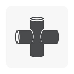 PVC plastic pipe fitting or pipe connector vector icon. 4-way cross. Consist of slip socket opening 4 end. Part for connection pipe to DIY built frame structure  to support table, shelf or furniture.