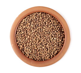 Buckwheat seed pile in clay pot, bowl isolated on white background, top view